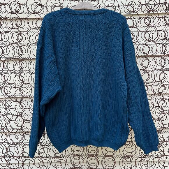 Vintage 90s Eddie Bauer Dark Teal Blue Rib Knit Crewneck Sweater Cotton LARGE - Picture 5 of 8